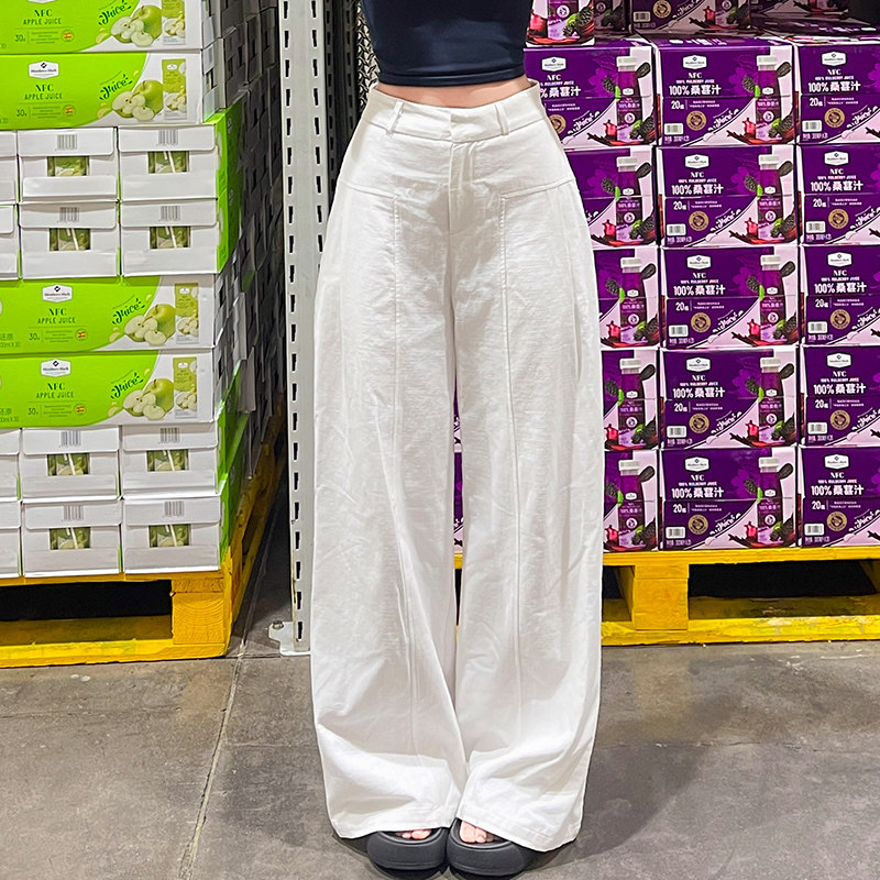 白色棉麻西装裤女春夏2026新款高腰垂感老钱风直筒亚麻苎麻阔腿裤