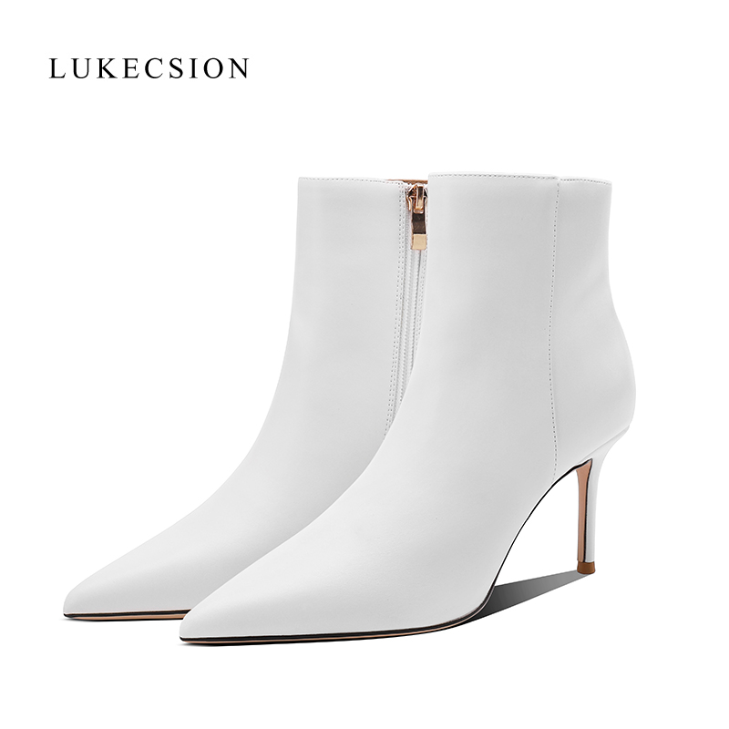 LUKECSION白色法式短靴女冬加绒尖头真皮侧拉链高跟瘦瘦靴高级感