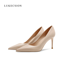 LUKECSION真皮高跟鞋女2025年夏季裸色尖头细跟设计感大码职业鞋