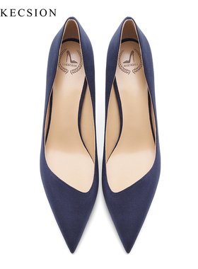 LUKE法式高跟鞋女气质斜口绒面蓝色细跟尖头通勤高跟鞋33-44码