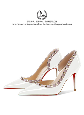 LUKE裸色铆钉尖头高跟鞋女2026新款百搭性感红底细跟单鞋高级感