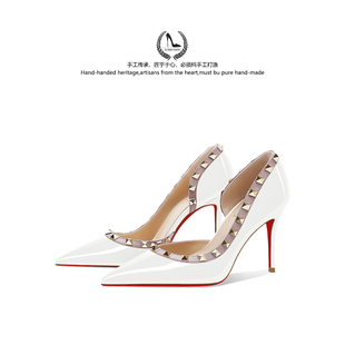 LUKE裸色铆钉尖头高跟鞋女2026新款百搭性感红底细跟单鞋高级感