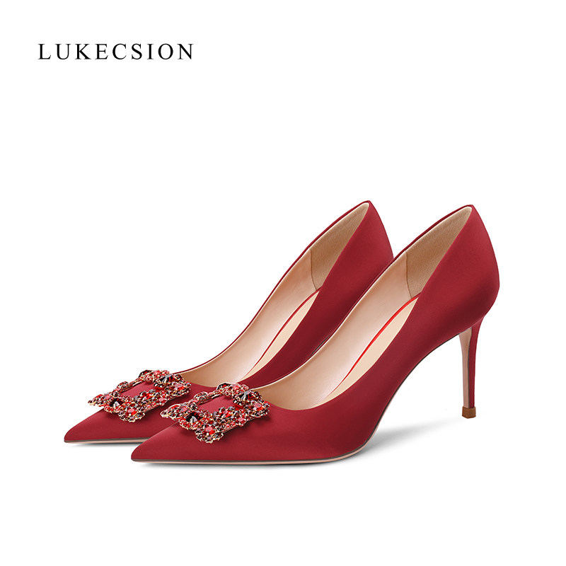 lukecsion红色高跟鞋女尖头绸缎面细跟平时可穿婚鞋秀禾婚纱两穿