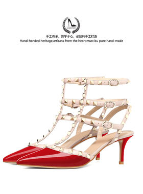 LUKE铆钉高跟鞋女2025夏季新款气质红色柳丁凉鞋细跟三环绑带鞋