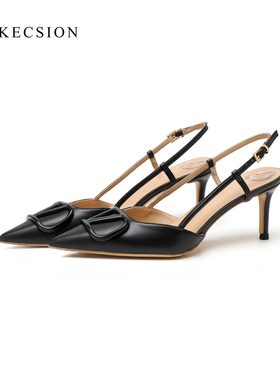 LUKE黑色凉鞋女爆款夏天2025新款尖头真皮V扣后空法式气质高跟鞋