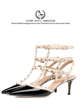 LUKE黑色铆钉尖头高跟鞋V家2025新款三环细跟包头气质浅口单鞋