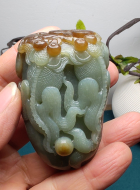 新疆和田玉且末蓝调糖玉金鱼荷叶如意手把件精品男女国风金玉满堂