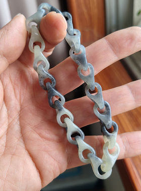 和田玉青花玉苏工雕一体锁链手链