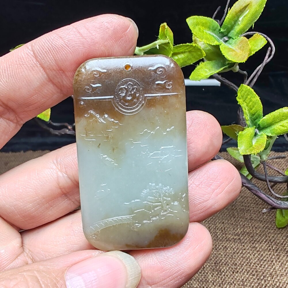 新疆和田玉且末糖白玉天地糖山水意境玉牌子吊坠挂件男女宁静致远