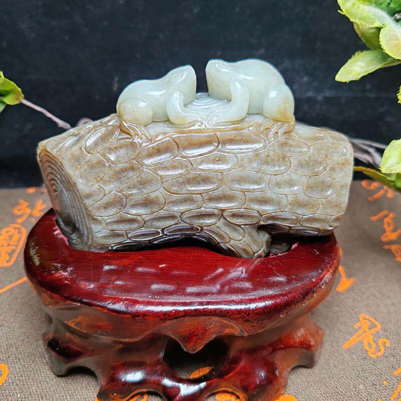 新疆和田玉且末糖青白玉双青蛙树干文玩摆件苏工精品男女呱呱来财