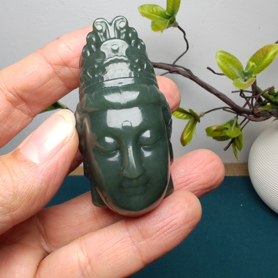 新疆和田玉且末蓝调观音头手把件苏工精品保真男女国风无穷般若