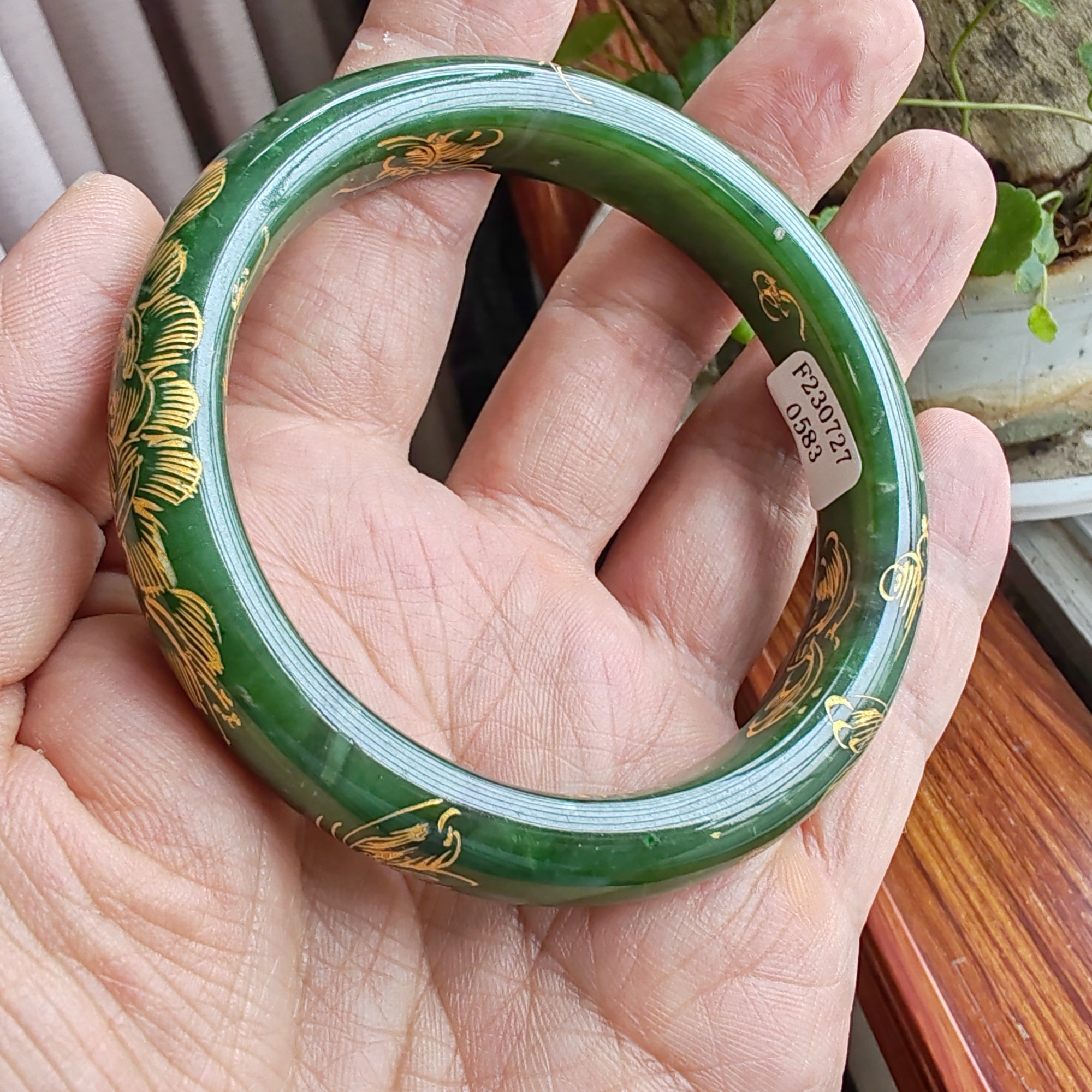 送证书和田碧玉描金手镯61mm+图片