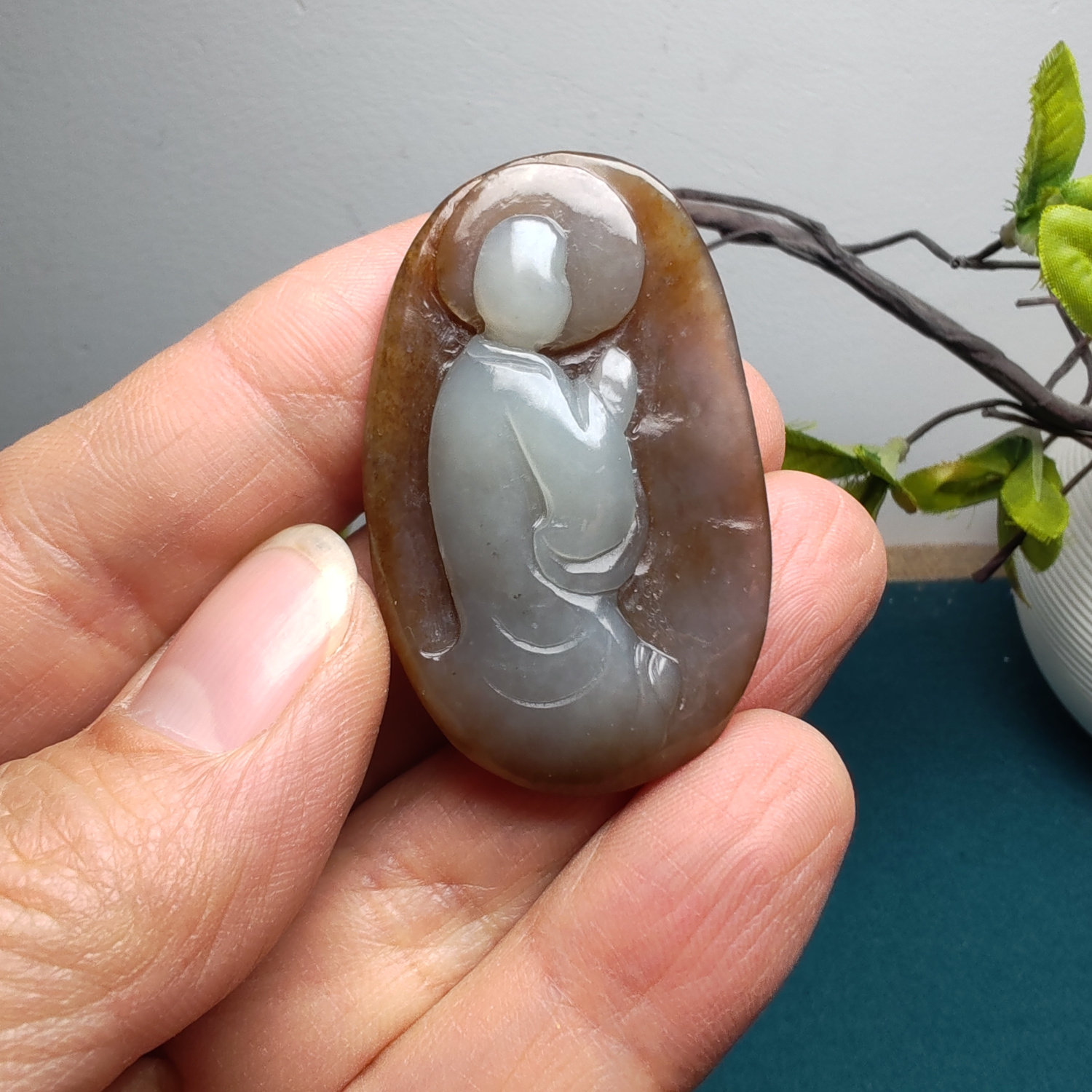 新疆和田玉且末糖青白玉悟道吊坠挂件苏工精品男女国风静以修身