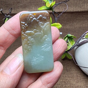 新疆和田玉且末糖青白玉山水玉牌子吊坠挂件油润男女国风宁静致远