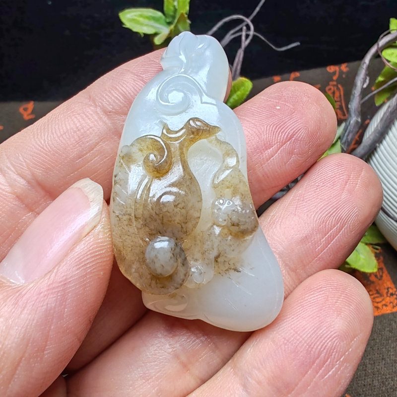 和田玉糖白玉灵芝如意蝙蝠吊坠挂件苏工精品珍藏男女古风人生如意