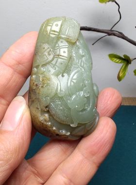 新疆和田玉籽玉原石秋梨皮仿古龙凤锦灰堆手把件油润男女龙凤呈祥