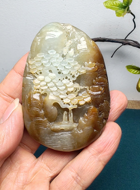 和田玉且末糖青白玉山水苏工把件