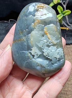 新疆和田玉籽玉青花墨玉山水意境手把件苏工精雕男女国风宁静致远