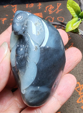 新疆和田玉籽料青花墨玉蝉知了树叶手把件珍藏高档男女一鸣惊人
