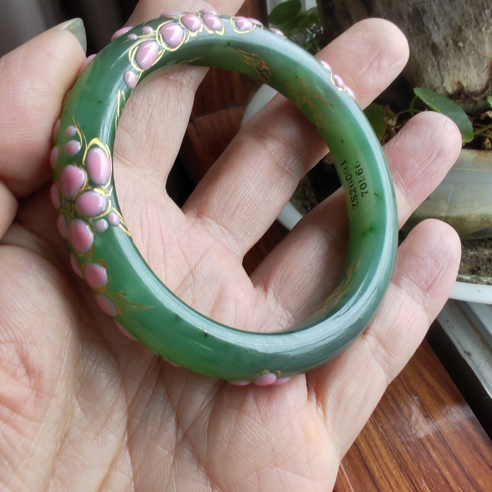 和田碧玉雕花描金手镯56mm+女神图片