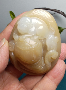 和田玉糖白玉猴子大象手把件大师级珍藏高档商务精英男士封侯拜相