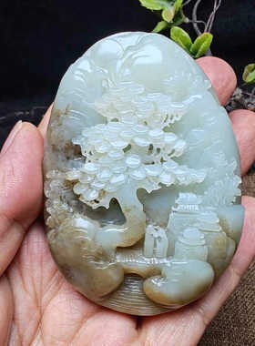 山水手把件和田玉精雕糖白玉