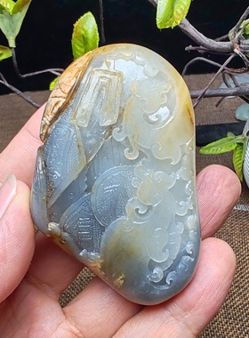 仿古龙凤手把件和田玉青花籽玉