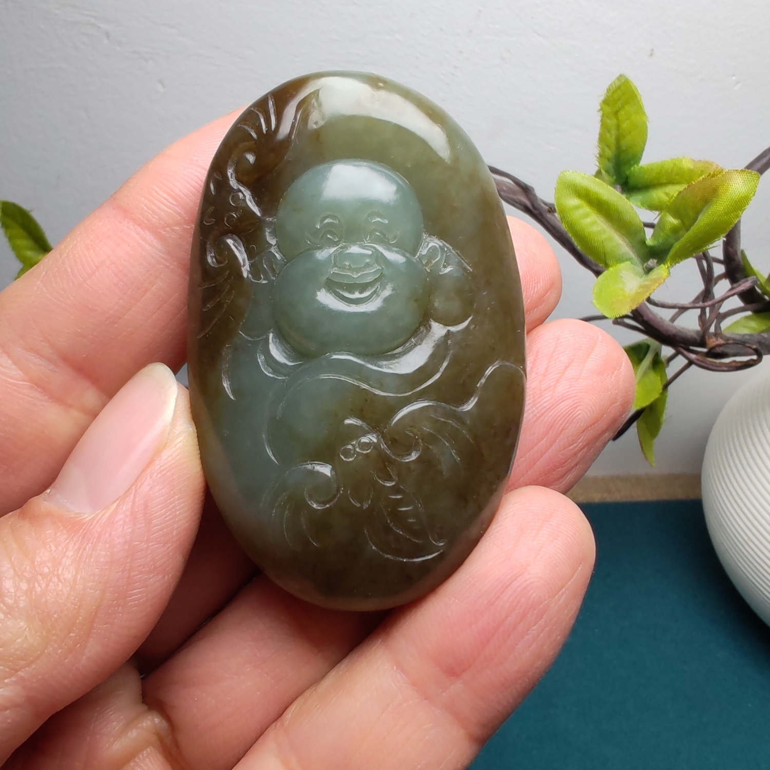 新疆和田玉且末蓝调糖玉佛蝙蝠玉璧小手把件精品男女国风佛引福来