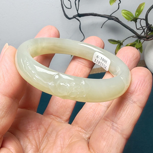 送证书和田玉青白玉雕花莲花手镯玉镯子51mm+新中式女神花开富贵