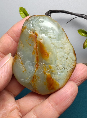 新疆和田玉籽玉青白玉山水意境手把件精品保真男女国风高山仰止