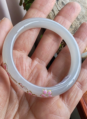 烟灰色和田玉雕花描金手镯53mm+