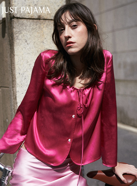 Not Just Pajama Pink系列圆领口抽绳真丝长袖开衫22姆米真丝上衣