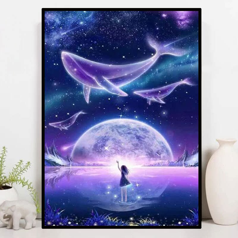 现代手工钻石画满钻5d动漫卡通鲸鱼女孩钻石绣十字绣儿童卧室带框