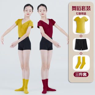 儿童舞蹈服女童短袖夏季新款芭蕾舞练功服少儿分体艺考v领舞服