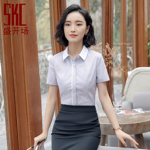 职业装衬衫女短袖条纹酒店工作服