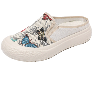 2026新款夏季半拖帆布鞋女透气一脚蹬厚底懒人女鞋软底休闲渔夫鞋