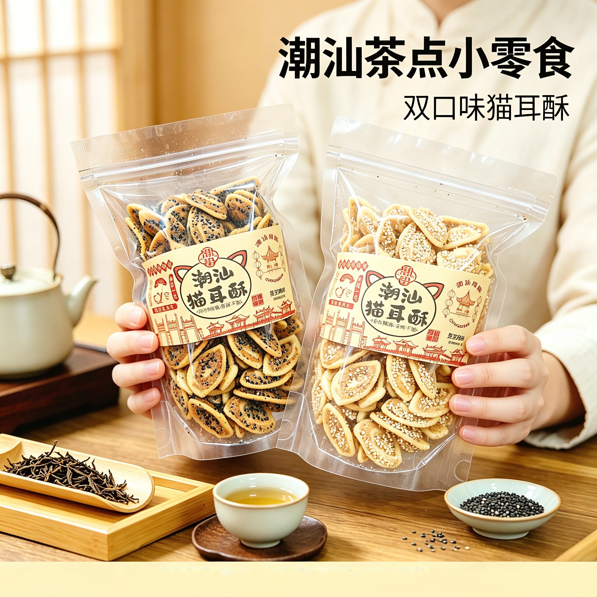 潮汕特产猫耳酥糕点心办公休闲零食小吃黑芝麻白芝麻解馋猪耳朵
