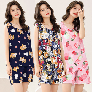 夏天薄款 棉绸背心女士睡衣夏季 无袖 两件套装 人造棉宽松家居服 短裤
