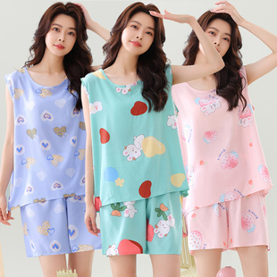 夏季 人造棉两件套外穿家居服棉稠套装 薄款 卡通睡衣女短裤 无袖 新款