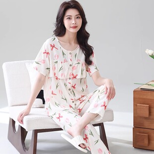 宽松大码 棉绸防凸点短袖 套装 两件套 家居服开衫 睡衣女夏季 新款 薄款