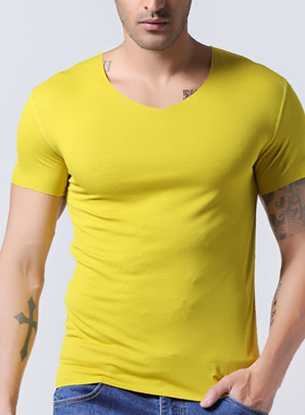 无痕莫代尔短袖男士T恤夏季修身V领紧身纯色打底白色汗衫大码包邮