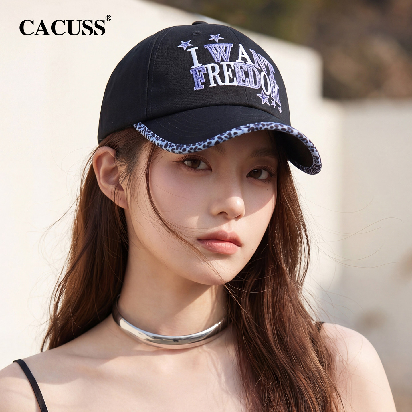 CACUSS帽子女夏季刺绣纯棉软顶鸭舌帽时尚个性豹纹复古字母棒球帽