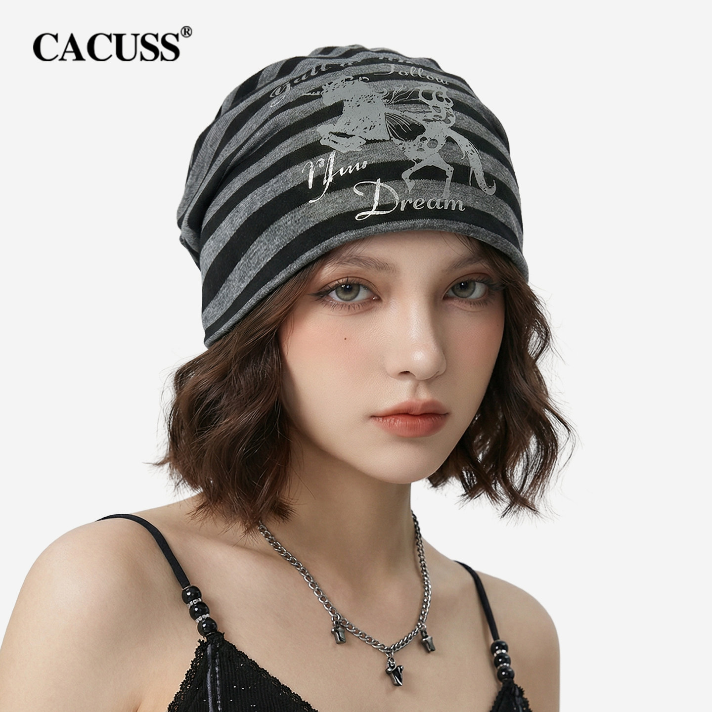 CACUSS条纹套头帽子女春夏新款高弹堆堆帽烫金印花冷帽休闲包头帽