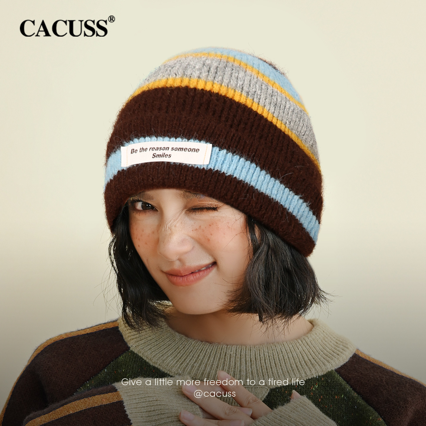 CACUSS条纹针织帽女冬时尚显脸小