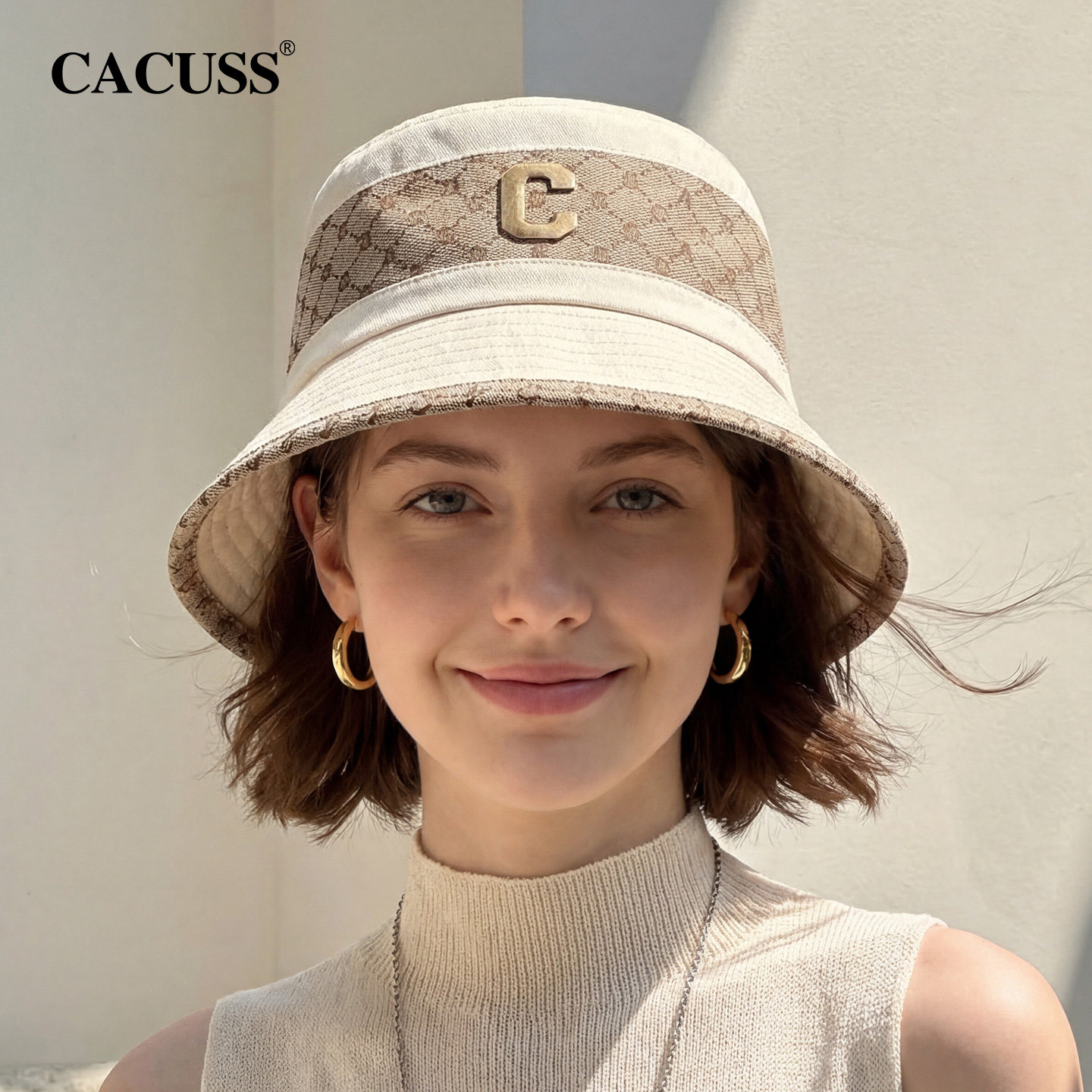 CACUSS渔夫帽子女春夏纯棉轻奢户外时尚老花盆帽日系显脸小遮阳帽