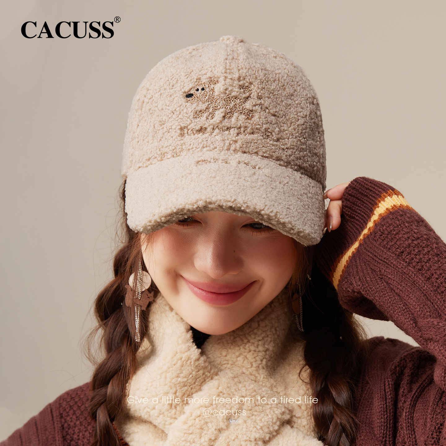 CACUSS冬小狗刺绣泰迪绒棒球帽女