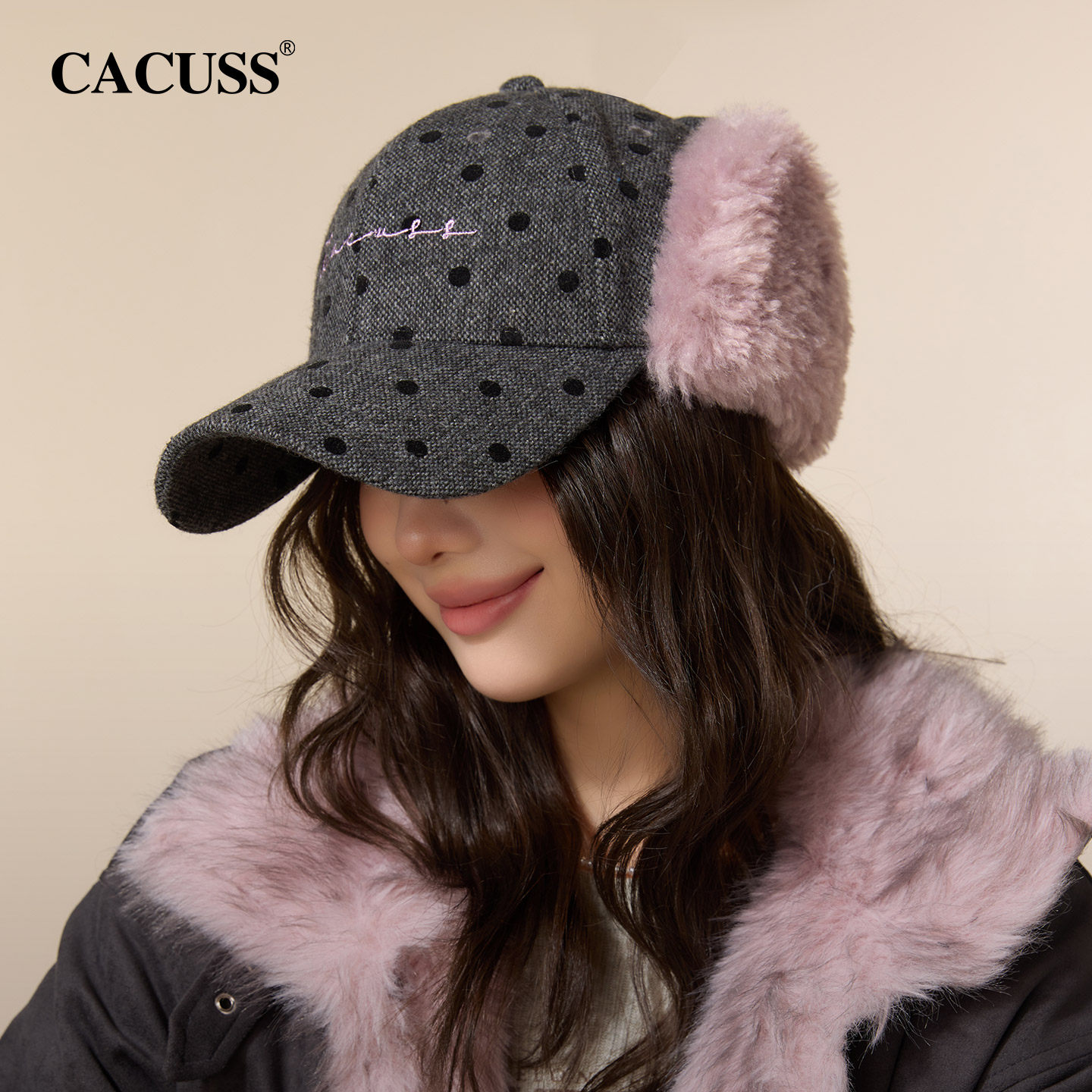 CACUSS秋冬帽子女含羊毛波点雷锋帽毛绒护耳保暖鸭舌帽户外棒球帽