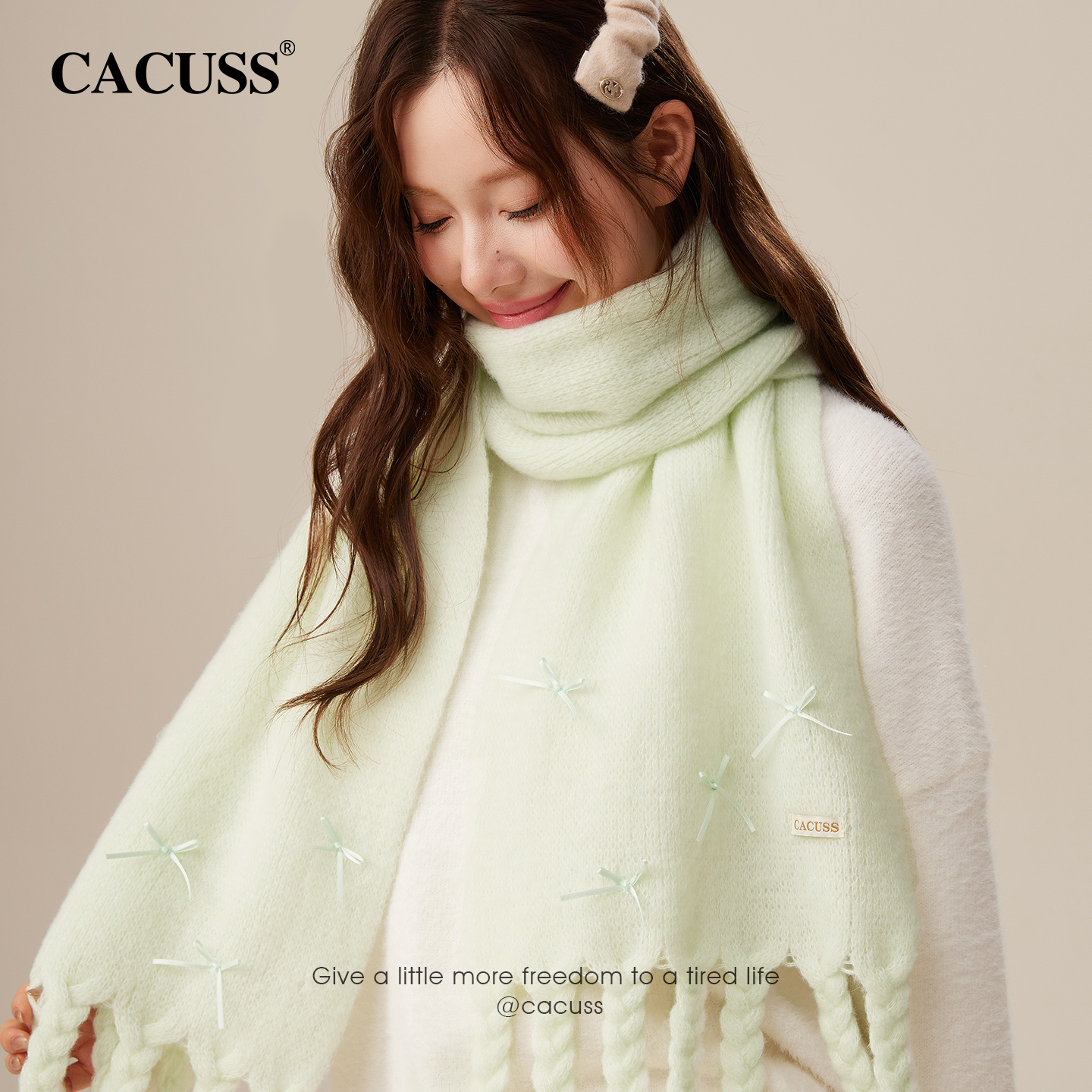 CACUSS秋冬多巴胺麻花流苏围巾女