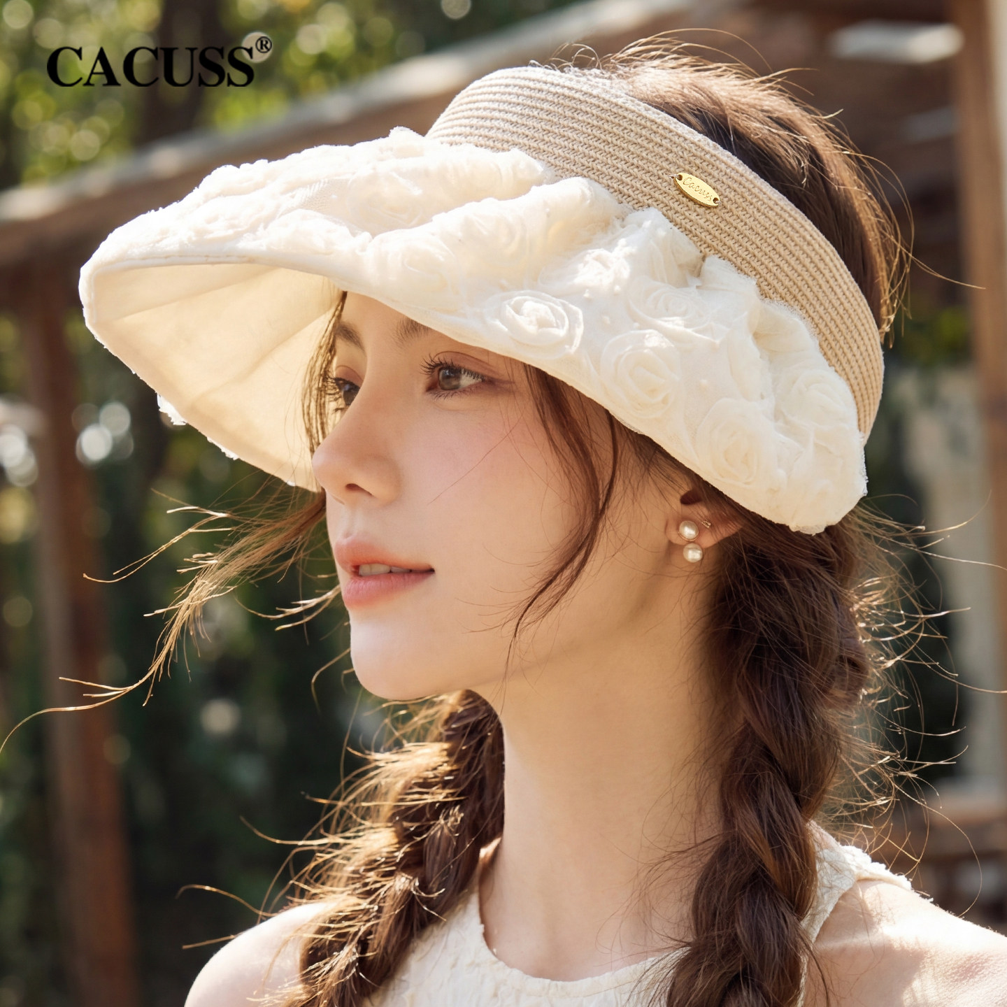 CACUSS大檐空顶帽子女夏蕾丝贝壳帽户外沙滩太阳帽优雅草编遮阳帽