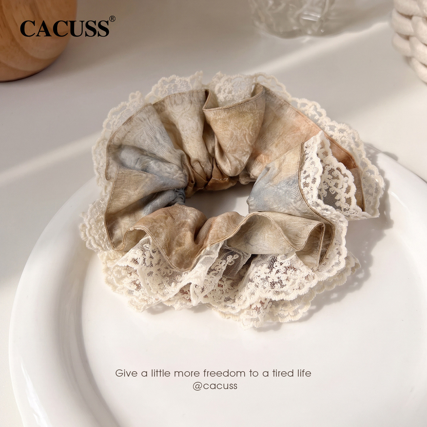 CACUSS蕾丝花边大肠发圈法式晕染发绳温柔扎马尾头绳发饰气质配饰